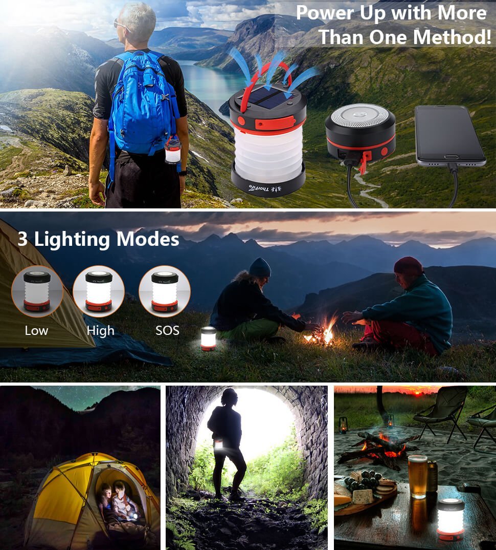 Hiking Collapsible Flashlight for Camping Fishing ThorFire-CL04-Solar 3 Lighting Modes Emergency Charger for Phone Thorfire LED Camping Lantern Lights USB Rechargeable /& Solar Powered Lantern Emergency Light Home